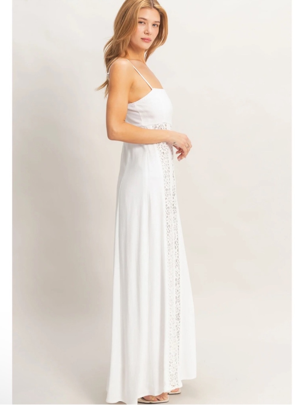 NEW HYFVE White Linen Blend Lace Panel Maxi Dress – Medium - Picture 3 of 6